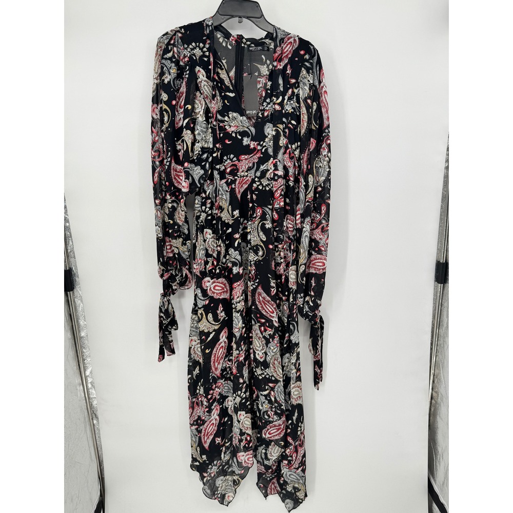 Nasty Gal Paisley Midaxi Dress Womens Size 6 Black NEW Folk Keyhole Tie Cuff‎
